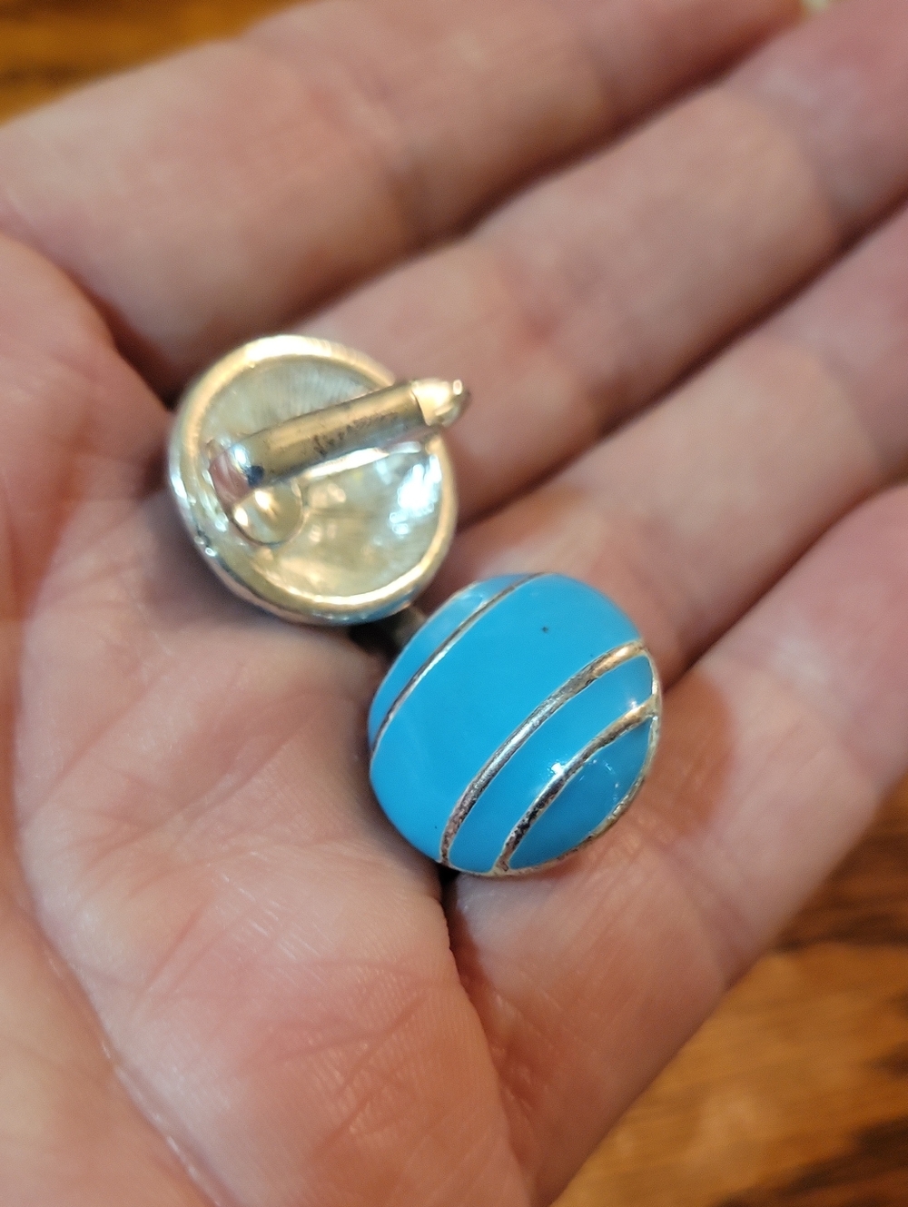 Bright Turquoise Oval Clip-On Earrings with Silver Stripes - Unbranded